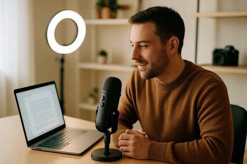 Content creator using AI voice dictation on a Mac to write YouTube scripts and social media captions
