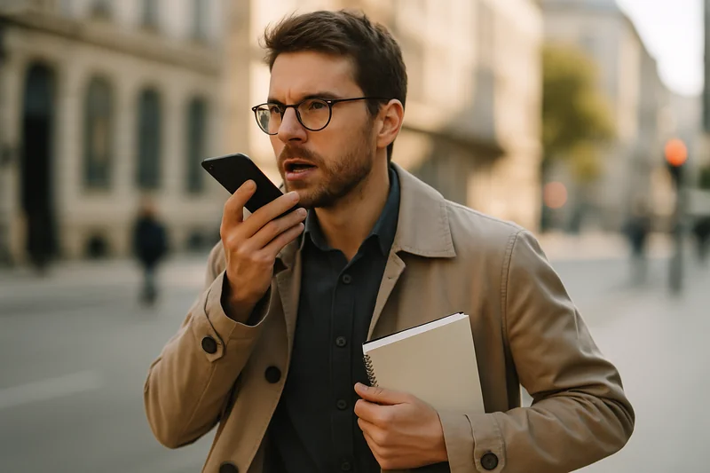 Journalist taking voice notes in the field with a smartphone
