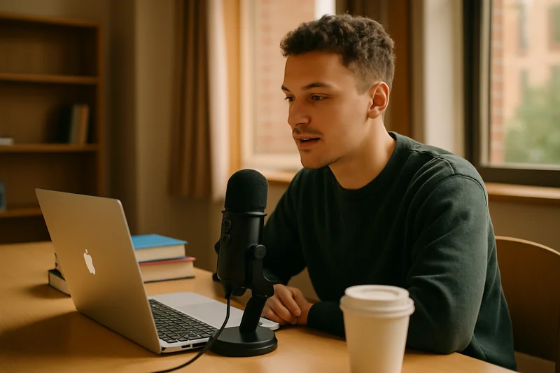 Student using AI dictation software on a Mac to take lecture notes faster