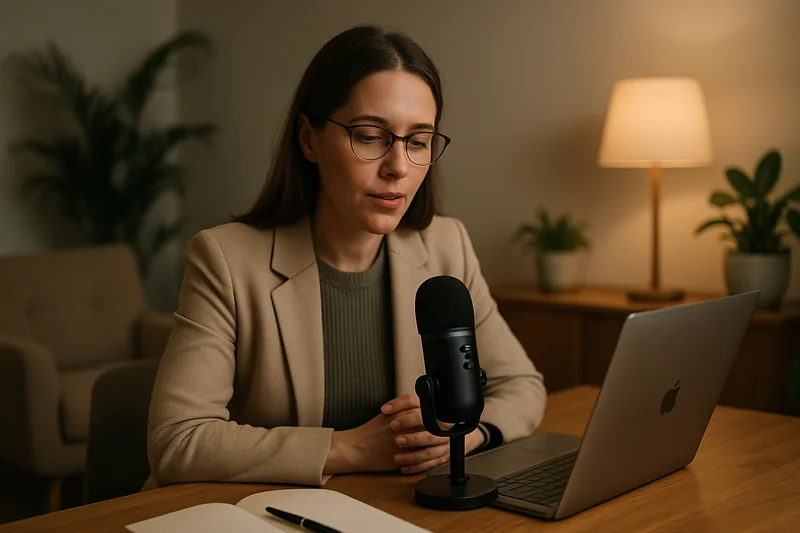 Therapist using AI dictation software on a Mac to write session progress notes after a client appointment