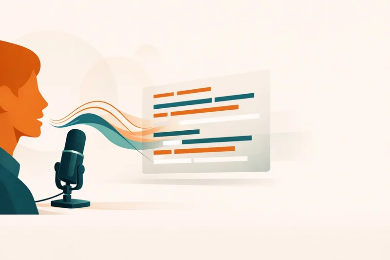 Person speaking into microphone with AI waveform visualization