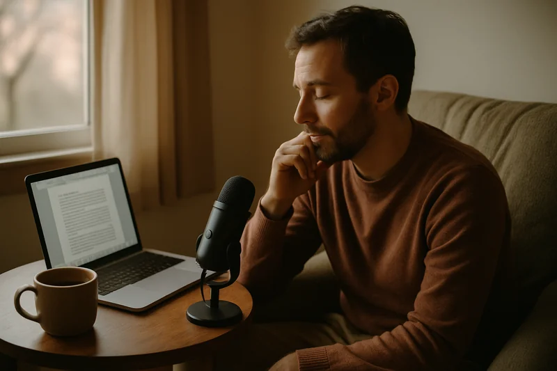 Person using voice dictation on a Mac to journal by speaking thoughts aloud into a notes app