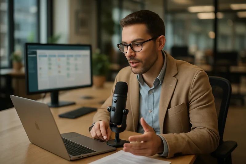 Project manager dictating a status update at a desk with multiple screens showing project timelines