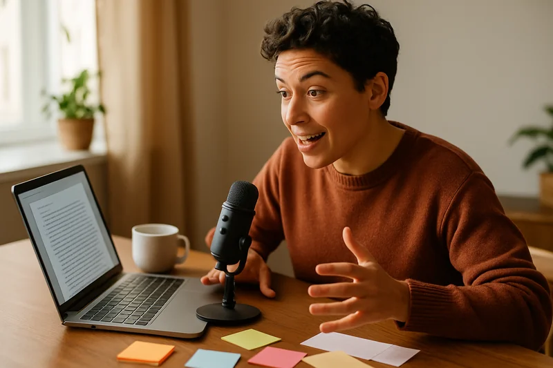 Person with ADHD using voice dictation software on a Mac to capture ideas quickly