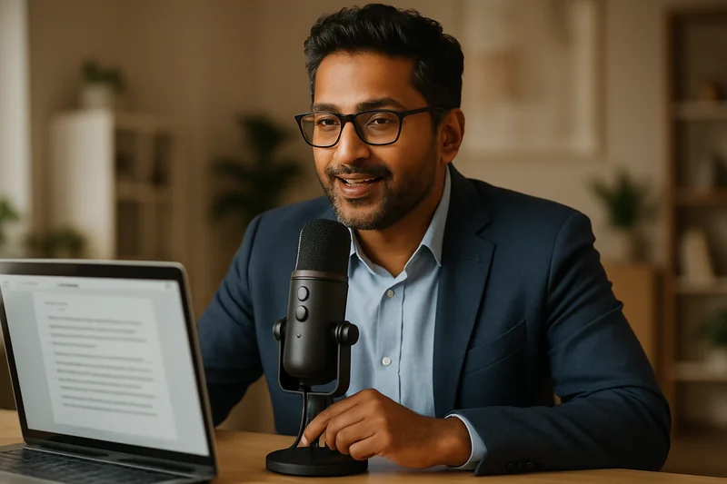 Person with a non-native accent speaking into a microphone, using AI dictation software on Mac