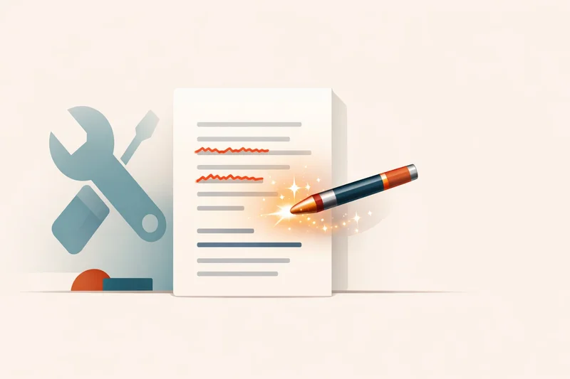 Editor reviewing and correcting dictated text with AI-powered tools