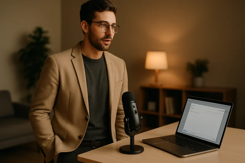 Professional dictating an email by voice into a Mac, hands-free at a standing desk