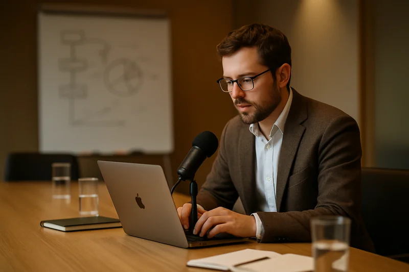 Professional dictating meeting notes into a Mac immediately after a video call