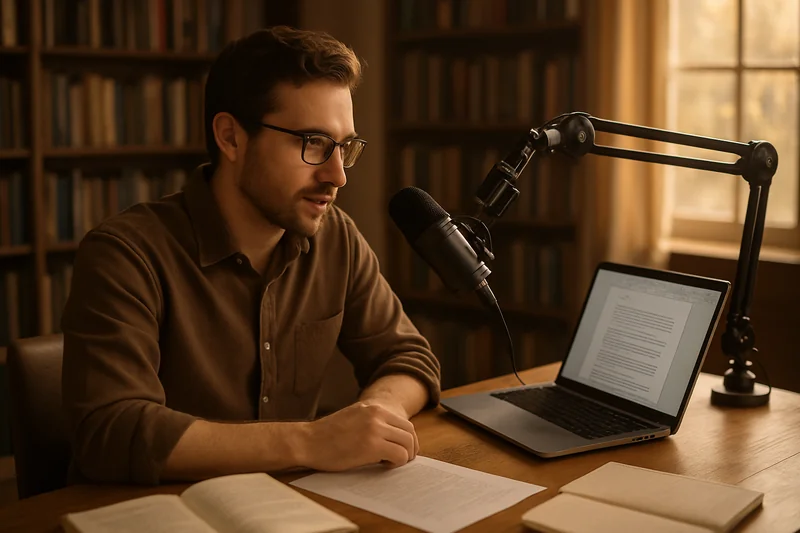 Author speaking into a microphone at a desk, dictating a book manuscript on a Mac