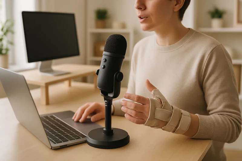 Person wearing wrist brace at desk, switching from keyboard to voice dictation on Mac