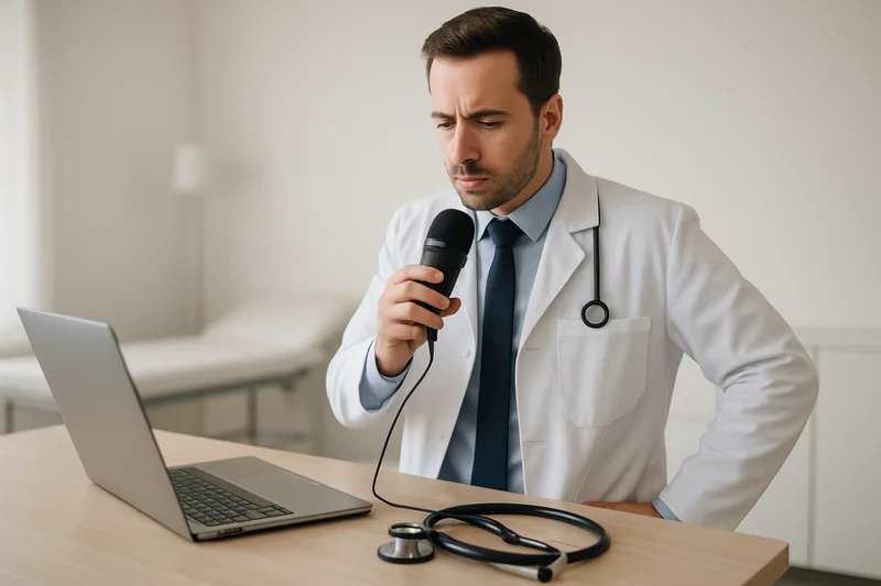 Physician using voice dictation software on a Mac to complete clinical notes faster