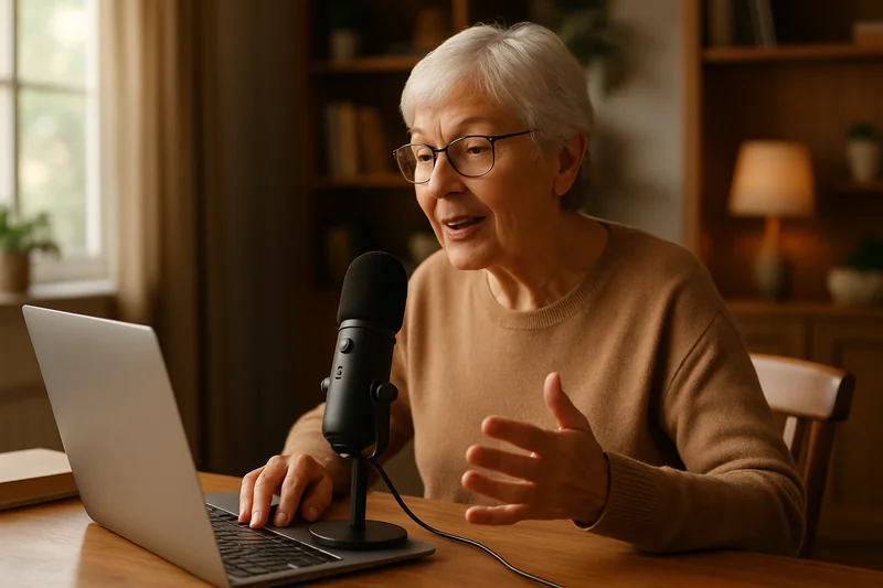 Senior woman speaking comfortably at her desk, composing a letter using voice dictation on her Mac