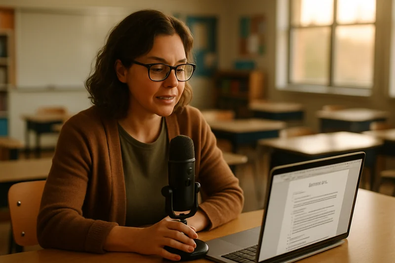 Teacher using voice dictation software on a Mac to write lesson plans and student feedback after school